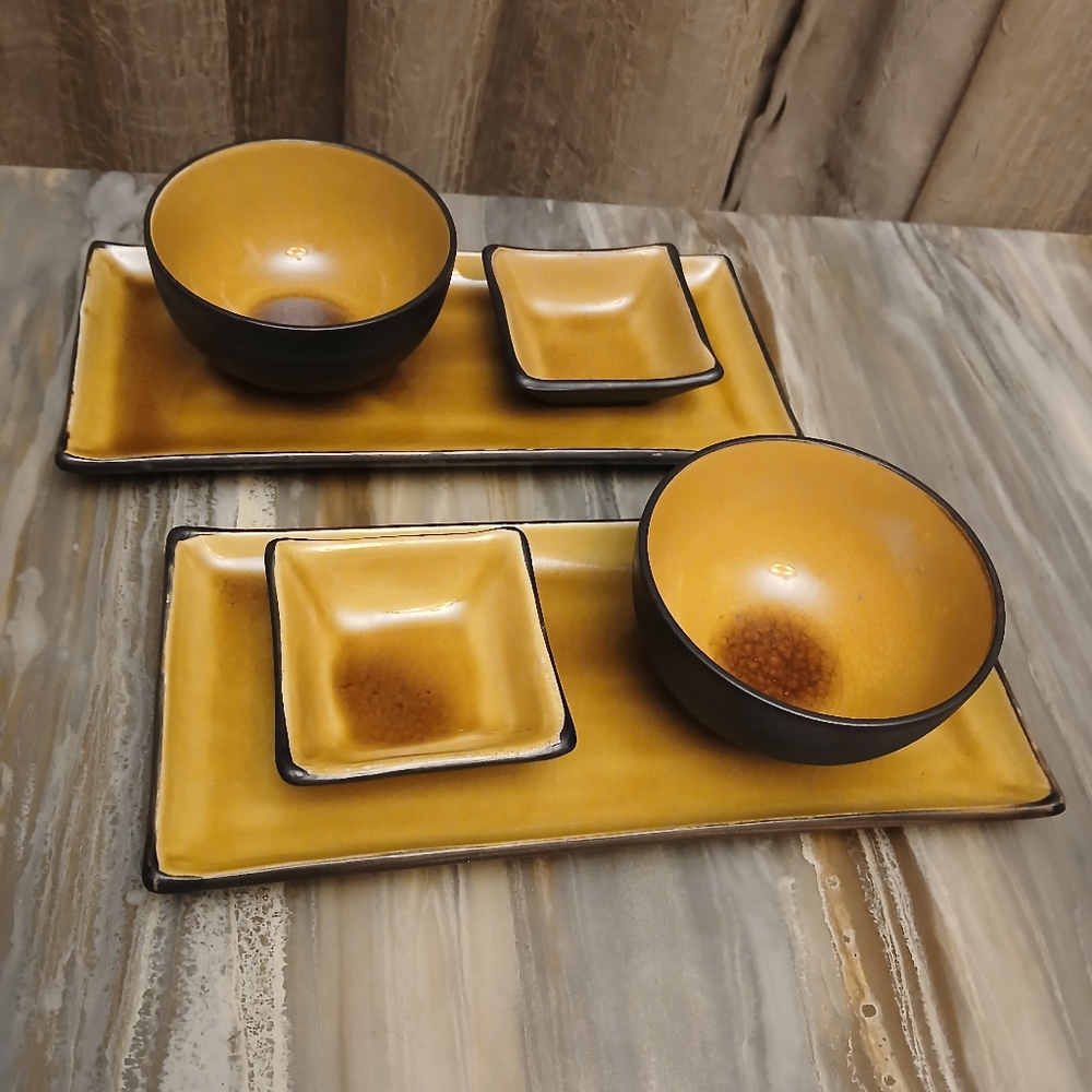Chinese Food SUSHI Serving Tray & Rice Dipping Bowls Service For 2 Brown Mustard